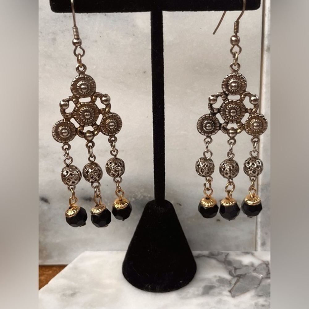 Long Silver Chandelier Earrings Black Bead Drop Dangle Gypsy Boho Style